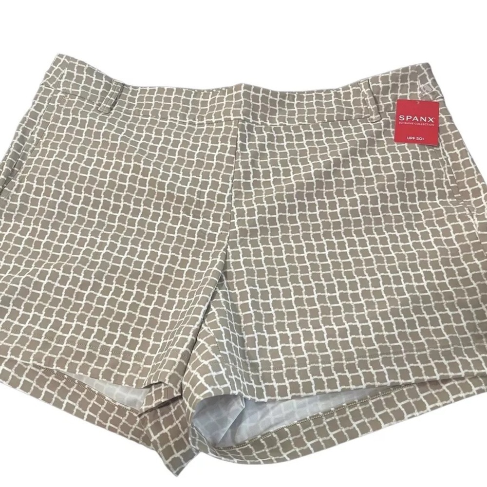 SPANX Sunshine Shorts 6" In  Bespoke Check Fawn Beige White NEW UPF 50+ Small